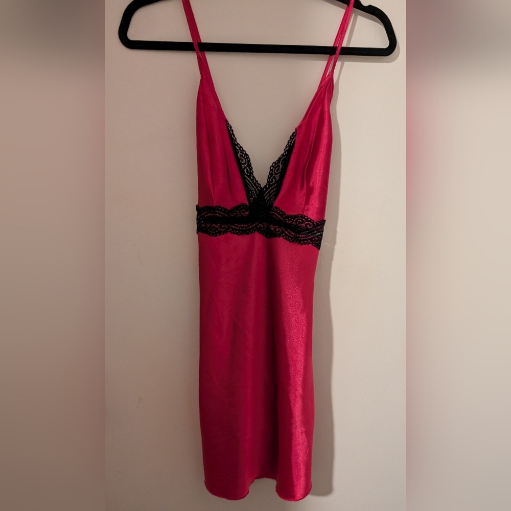 Hot Pink Satin Slip with Black Lace Trim